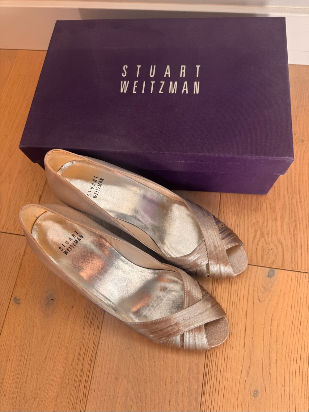 Stuart Weitzman Dressage Satin Peep-Toe Pumps - Silver